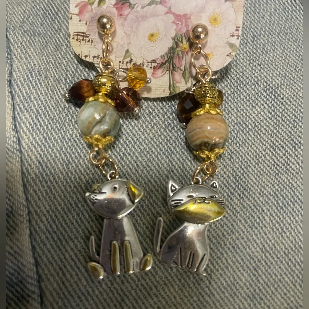 Silver and Gold Cat & Dog Earrings - Picture 3 of 4